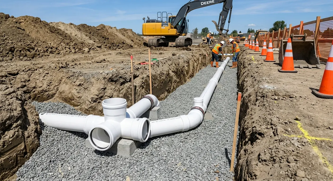 New PVC sewer pipe installation in open trench for Commercial Drain Cleaning in Mango