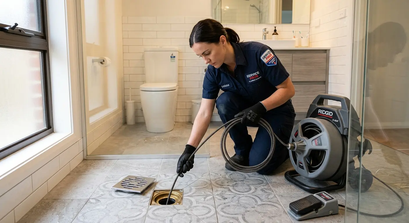 Technician clearing a bathroom floor drain for Clogged Drain Repair in Mango